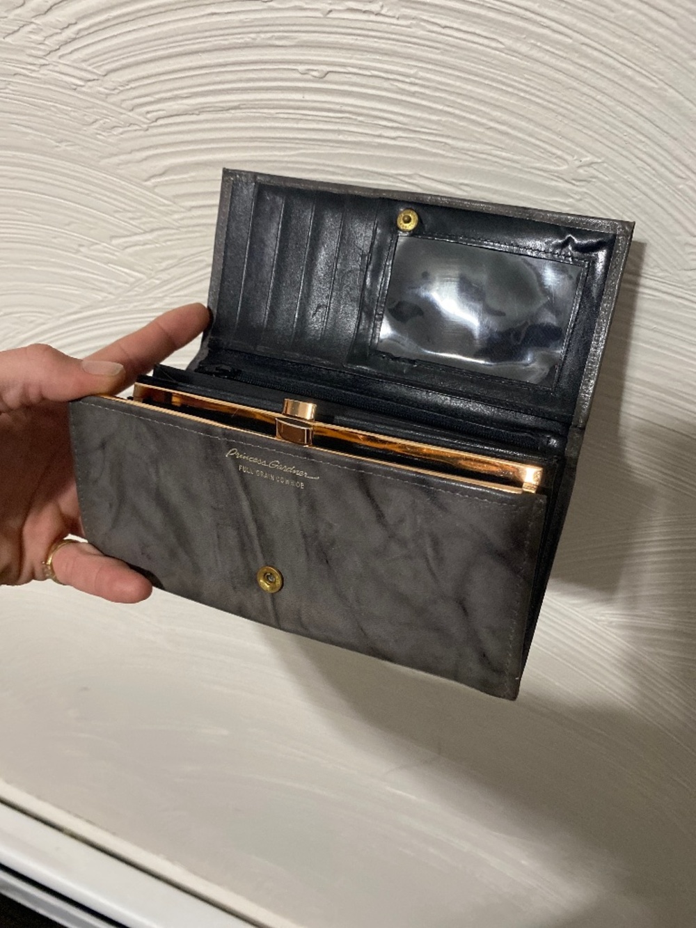 Vintage Princess Gardner full grain cowhide womens wallet fold close gray grey